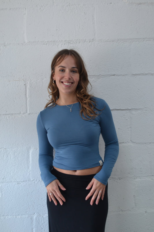 Blue Reversible Long Sleeve Cropped T-Shirt