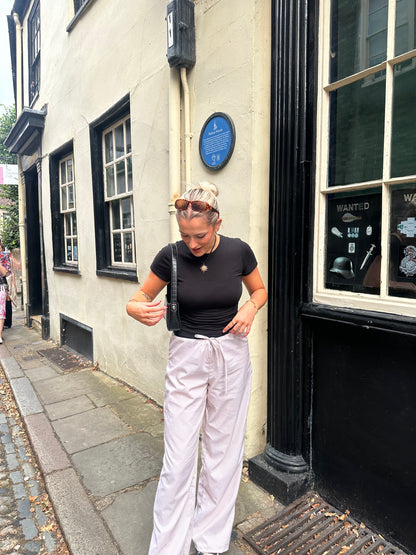 Beige Striped Wide Leg Trousers